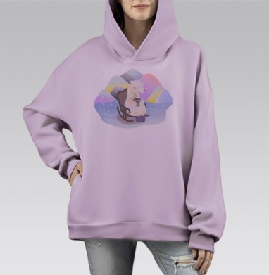 Медведь в кресле с чашкой уюта в холодной зиме, Hoodie Mono Fiolet, оверсайз, утепленная