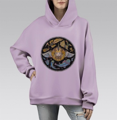 Мифологическое Существо с Крыльями и Рыбами на Черном фоне, Hoodie Mono Fiolet, оверсайз, утепленная