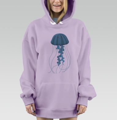 Милая улыбающаяся медуза в плавных синих тонах, Hoodie Mjhigh Dig Mel, Fiolet, утепленная