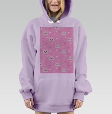 Милые енотики с сердечками и звездочками на розовом фоне, Hoodie Mjhigh Dig Mel, Fiolet, утепленная
