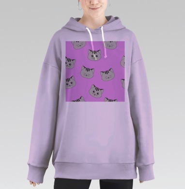 Милые серые котики на сиреневом фоне мягкие котики детские, Hoodie Long Oversize Fiolet