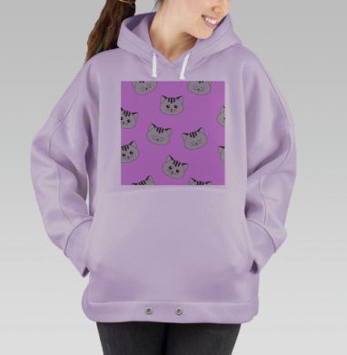Милые серые котики на сиреневом фоне мягкие котики детские, Hoodie Oversize Fiolet
