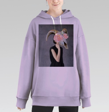 Мистика череп с цветами на фоне сером, Hoodie Long Oversize Fiolet
