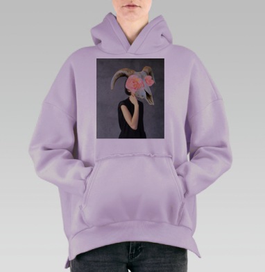 Мистика череп с цветами на фоне сером, Hoodie Oversize Fiolet, утепленная