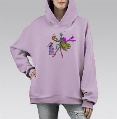 Модная богомола с сумкой и подарками в розовой ленте, Hoodie Mono Fiolet, оверсайз, утепленная