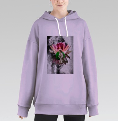 Молящийся ребёнок у цветка лотоса черно-белый фон, Hoodie Long Oversize Fiolet