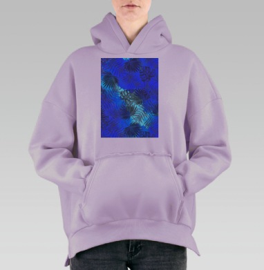 Морские тропические листья синяя свежесть лета, Hoodie Oversize Fiolet, утепленная