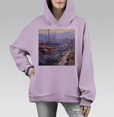 Морской вид с яхтами и причалом в тумане, Hoodie Mono Fiolet, оверсайз, утепленная