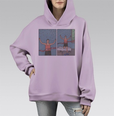 Мужчина преодолевает цель с иронией в комнате с финишной ленточкой, Hoodie Mono Fiolet, оверсайз, утепленная