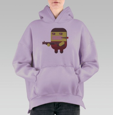 Мультяшный персонаж с оружием и сигаретой на сером фоне, Hoodie Oversize Fiolet, утепленная