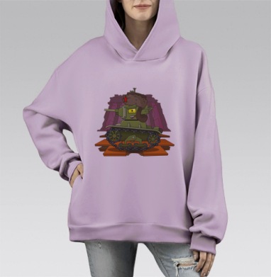 Мультяшный зелёный танк с красной звездой в ушанке, Hoodie Mono Fiolet, оверсайз, утепленная