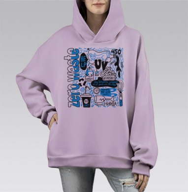 Мусорный принт, Hoodie Mono Fiolet, оверсайз, утепленная