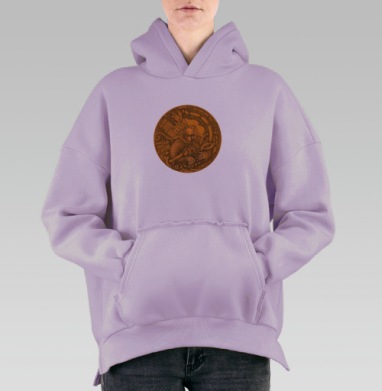 Музыкант с трубами и городом в фоне на оранжевом фоне, Hoodie Oversize Fiolet, утепленная
