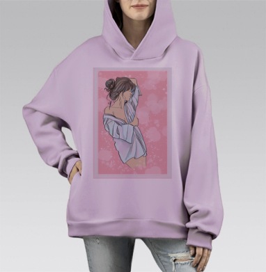 Нежная девушка в белой рубашке на фоне розового света, Hoodie Mono Fiolet, оверсайз, утепленная
