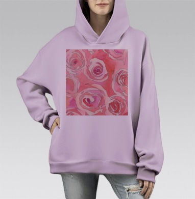 Нежные акварельные розы, Hoodie Mono Fiolet, оверсайз, утепленная