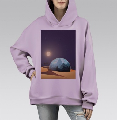 Ночное небо с пустынёй и горами в куполе волк завывание, Hoodie Mono Fiolet, оверсайз, утепленная