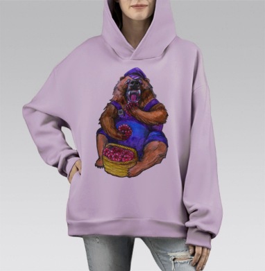 Обжористый медведь с малиной в комбинезоне на фоне ягод, Hoodie Mono Fiolet, оверсайз, утепленная