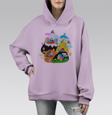 Яркие сказочные горы с домиками и деревьями, Hoodie Mono Fiolet, оверсайз, утепленная