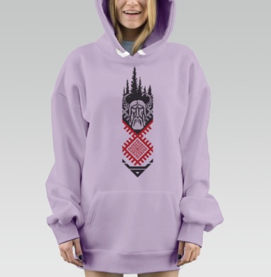 Образ славянского бога Велеса с лесом и красным орнаментом, Hoodie Mjhigh Dig Mel, Fiolet, утепленная
