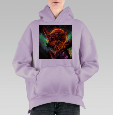 Огненная трансформация кибернетического существа в динамике, Hoodie Oversize Fiolet, утепленная