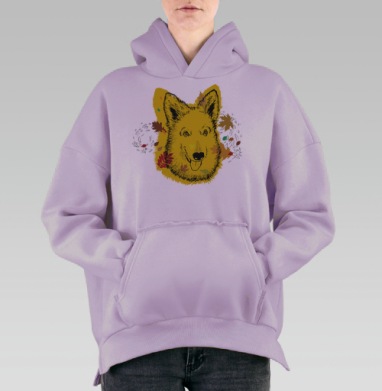Осенний дружелюбный собака светлые желтые листья осень прогулка, Hoodie Oversize Fiolet, утепленная