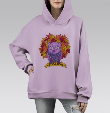 Фиолетовая сова на осеннем венке с надписью Autumn, Hoodie Mono Fiolet, оверсайз, утепленная