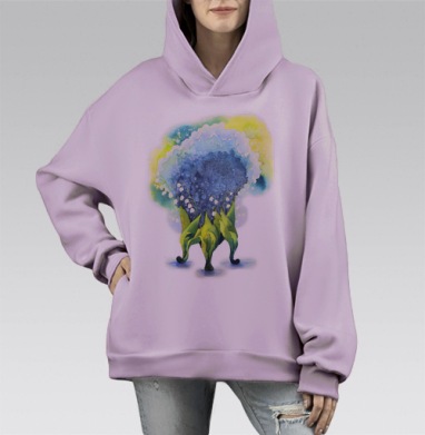 Паттерн с ландышами, Hoodie Mono Fiolet, оверсайз, утепленная