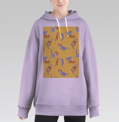 Playful Pets Cats Pattern – Паттерн игры веселых котиков дизайн, Hoodie Long Oversize Fiolet