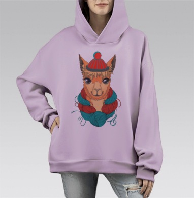 Портрет ламы в шапке и мотком ниток на шее, Hoodie Mono Fiolet, оверсайз, утепленная
