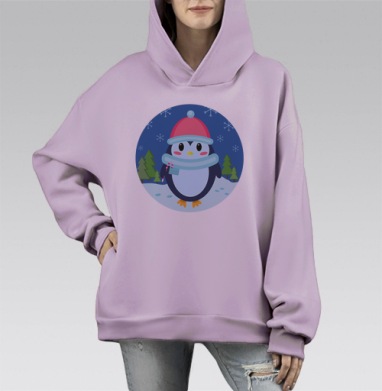 Симпатичный пингвин в зимнем наряде с леденцом, Hoodie Mono Fiolet, оверсайз, утепленная