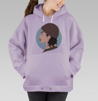 Профиль молодой женщины в коричневой шапке и голубом фоне, Hoodie Oversize Fiolet
