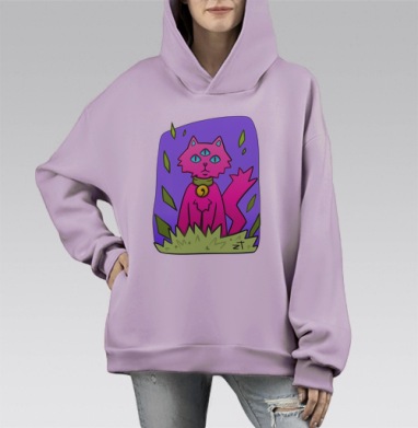 Психоделичный котик, Hoodie Mono Fiolet, оверсайз, утепленная