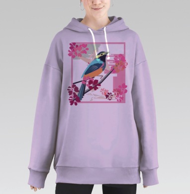 Птица на ветке весеннее обновление природы, Hoodie Long Oversize Fiolet