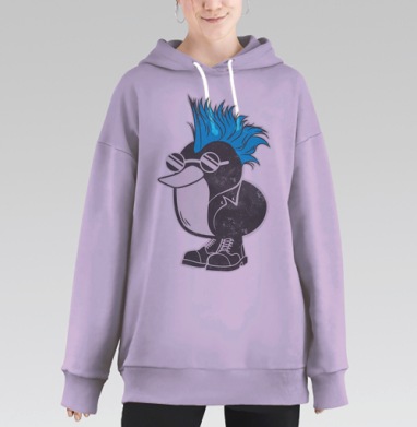 Птица с ирокезом и очками в ботинках стиль городской образ, Hoodie Long Oversize Fiolet