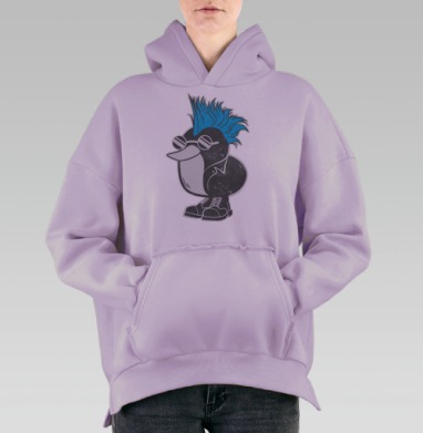 Птица с ирокезом и очками в ботинках стиль городской образ, Hoodie Oversize Fiolet, утепленная