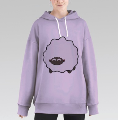 Пушистая белая овечка с улыбкой на коричневом фоне, Hoodie Long Oversize Fiolet