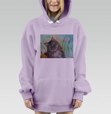 Пушистый кот на зелёной лужайке в одуванчиках, Hoodie Mjhigh Dig Mel, Fiolet, утепленная
