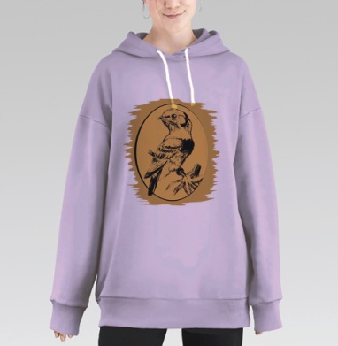 Реалистичный карандашный рисунок птицы на ветке, Hoodie Long Oversize Fiolet