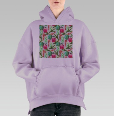 Рождественские кексы свечи и еловые ветви на белом фоне, Hoodie Oversize Fiolet, утепленная