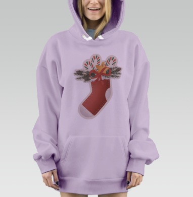 Рождественский носок с еловыми ветками леденцами и красным бантом, Hoodie Mjhigh Dig Mel, Fiolet, утепленная