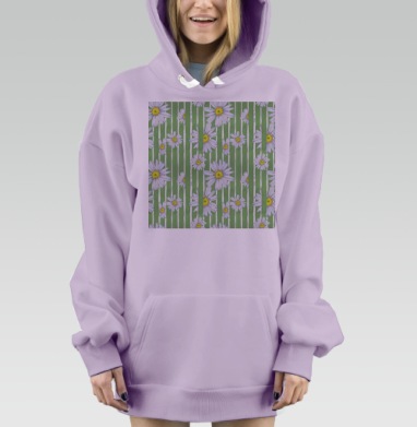 Ромашки на зеленых полосках летний нежный мотив, Hoodie Mjhigh Dig Mel, Fiolet, утепленная