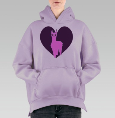 Розовая альпака на фоне большого фиолетового сердца, Hoodie Oversize Fiolet, утепленная