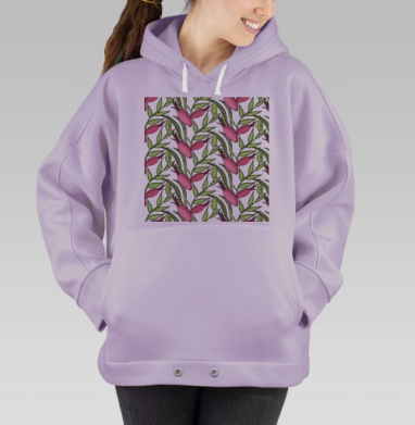 Розовые бутоны с зелеными ветками на сером фоне, Hoodie Oversize Fiolet