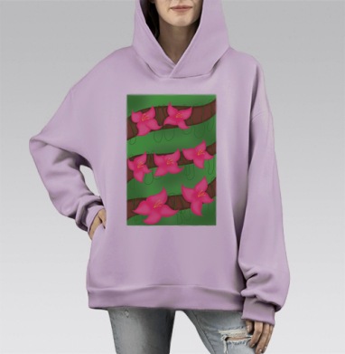 Розовые цветы на ветвях с зелеными листьями, Hoodie Mono Fiolet, оверсайз, утепленная