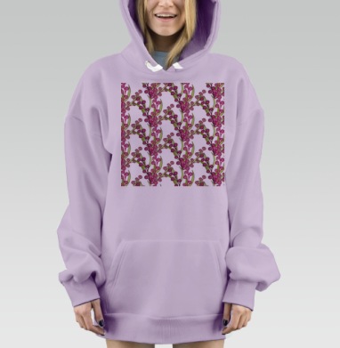 Розовые ягоды с зелёными листьями на сером фоне цветочный узор, Hoodie Mjhigh Dig Mel, Fiolet, утепленная