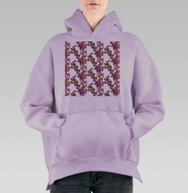 Розовые ягоды с зелёными листьями на сером фоне цветочный узор, Hoodie Oversize Fiolet, утепленная