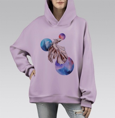 Рыбка и акварель, Hoodie Mono Fiolet, оверсайз, утепленная