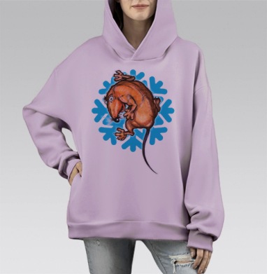 Рыжая крыса в испуге на фоне снежинки зимняя сцена весело, Hoodie Mono Fiolet, оверсайз, утепленная