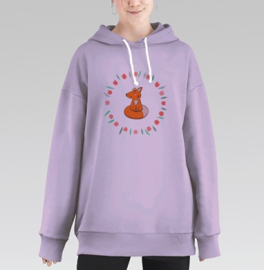 Рыжая лиса в короне в круге из тюльпанов, Hoodie Long Oversize Fiolet