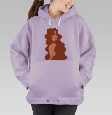 Рыжеволосая девушка с длинными кудрявыми волосами на черном фоне, Hoodie Oversize Fiolet